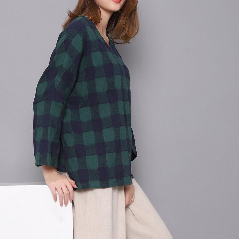 Spring Bomuld Linned Plaid Dameskjorte