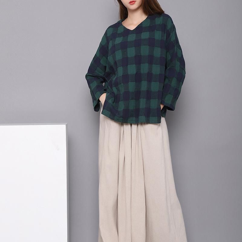 Spring Bomuld Linned Plaid Dameskjorte