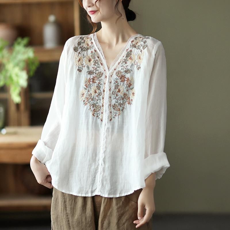 Spring Linned Blonde Elegant Retro Broderi Bluse