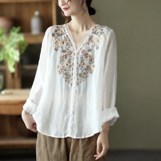 Spring Linned Blonde Elegant Retro Broderi Bluse