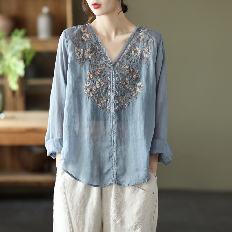 Spring Linned Blonde Elegant Retro Broderi Bluse