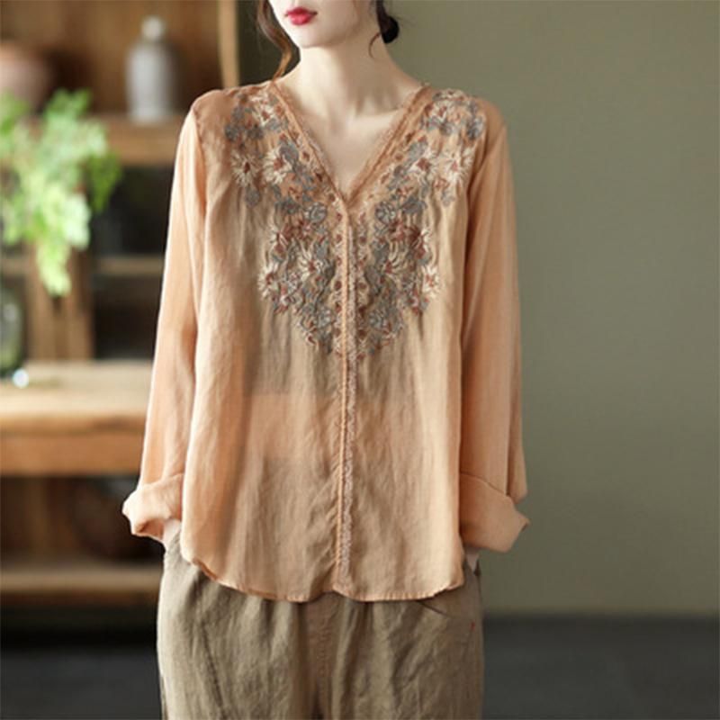 Spring Linned Blonde Elegant Retro Broderi Bluse