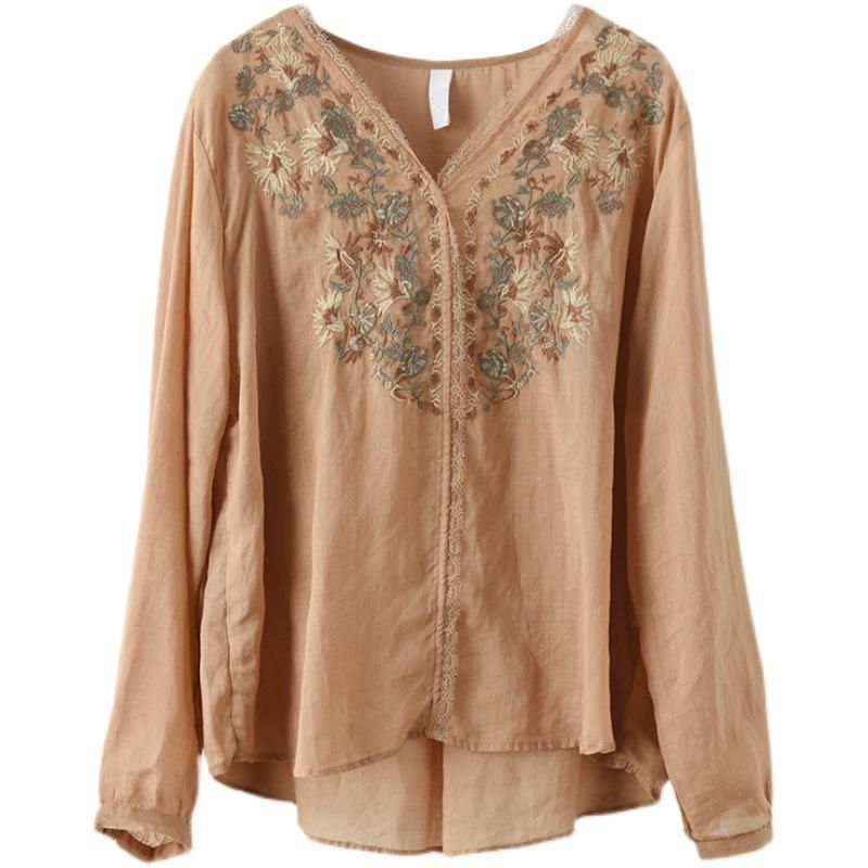 Spring Linned Blonde Elegant Retro Broderi Bluse