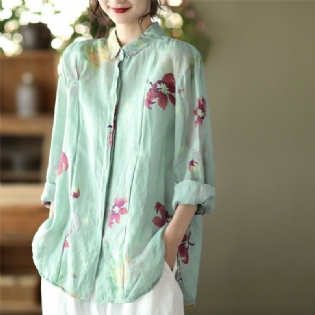 Spring Loose Casual Retro Linen Blomsterbluse