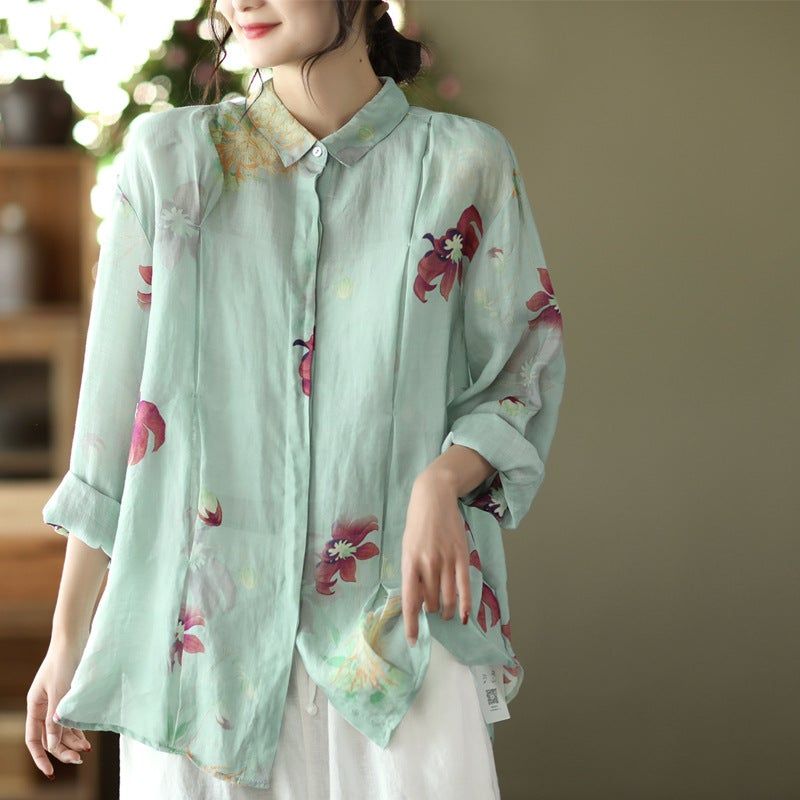 Spring Loose Casual Retro Linen Blomsterbluse