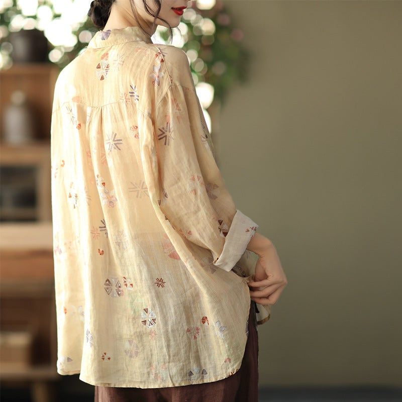 Spring Loose Casual Retro Linen Blomsterbluse