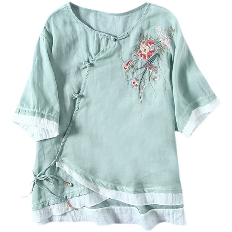 Summer Vintage Blomsterbroderi Skew Linned Bluse