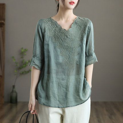 Summer Vintage Kvinder Linen Floral Brodery T-shirt