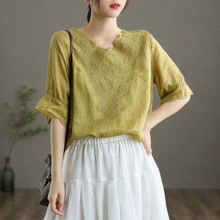 Summer Vintage Kvinder Linen Floral Brodery T-shirt