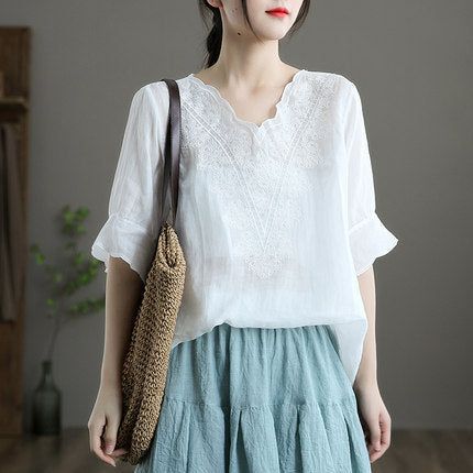 Summer Vintage Kvinder Linen Floral Brodery T-shirt