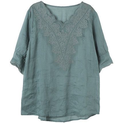 Summer Vintage Kvinder Linen Floral Brodery T-shirt