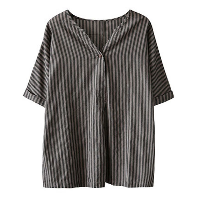 V-hals Striber Hør Casual Bluse