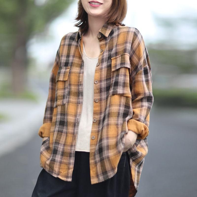 Vintage Autumn Plus Size Plaid Bomuldslinnedskjorte