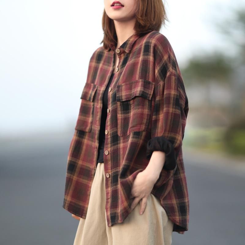 Vintage Autumn Plus Size Plaid Bomuldslinnedskjorte