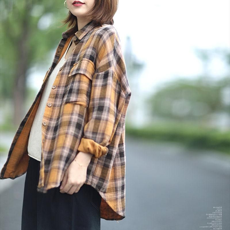 Vintage Autumn Plus Size Plaid Bomuldslinnedskjorte