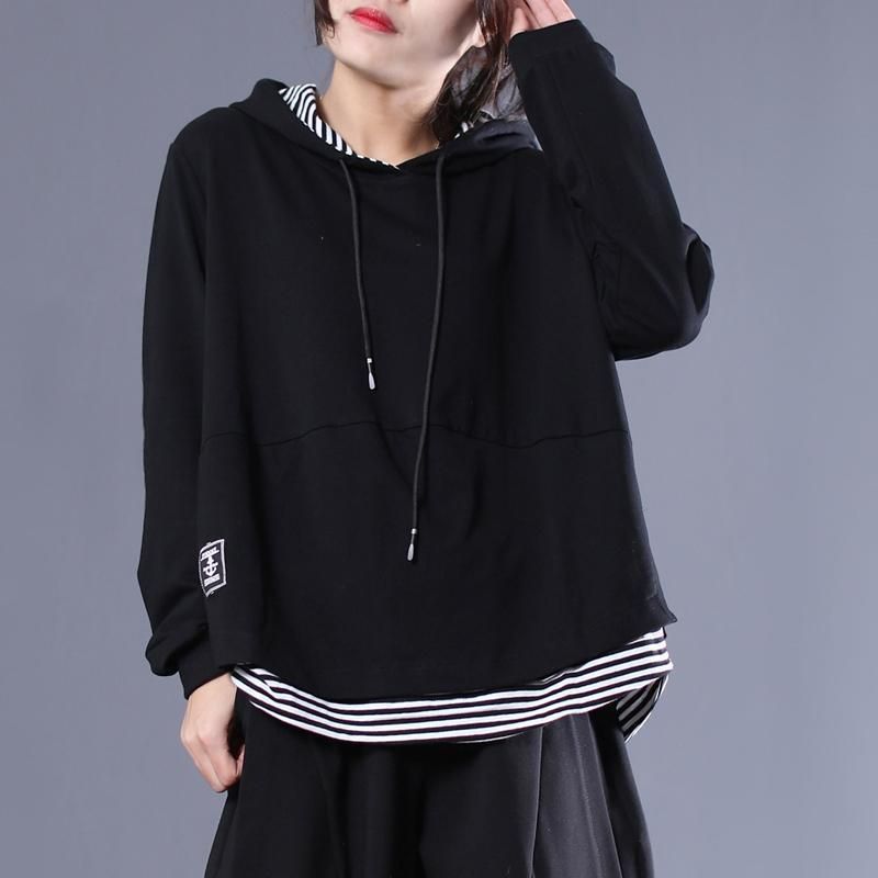 Black Stripe Patchwork Casual Pullover Hættetrøje