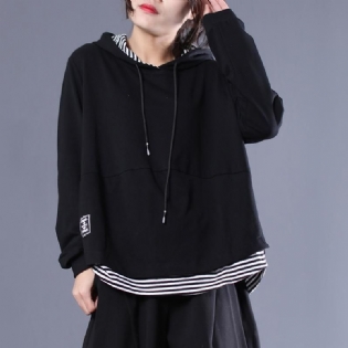 Black Stripe Patchwork Casual Pullover Hættetrøje