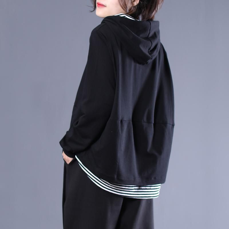 Black Stripe Patchwork Casual Pullover Hættetrøje