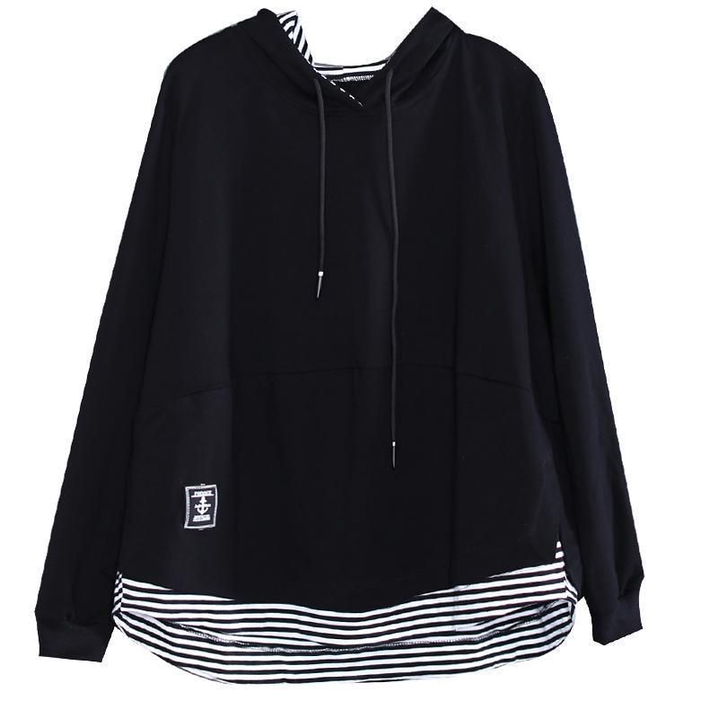 Black Stripe Patchwork Casual Pullover Hættetrøje