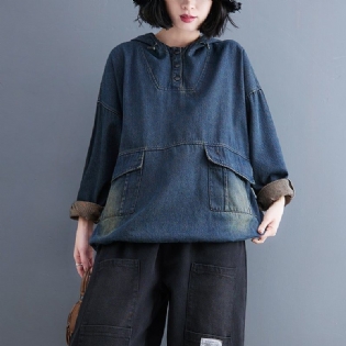 Forår Retro Casual Patchwork Løs Denim Hættetrøje