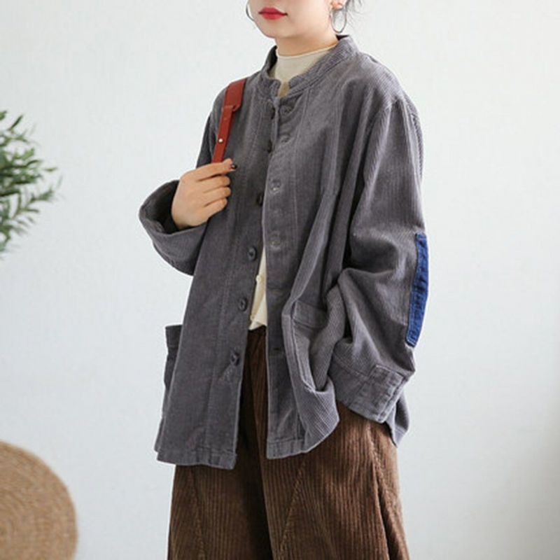 Cordduroy Patchwork Stand Collar Coat