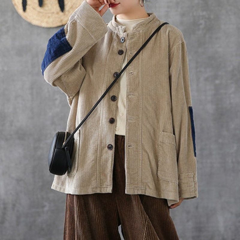 Cordduroy Patchwork Stand Collar Coat