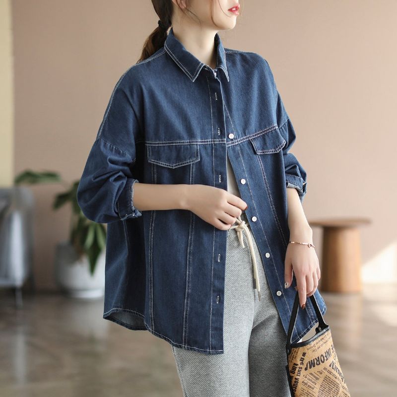 Dame Retro Plus Size Løs Denimjakke I Bomuld