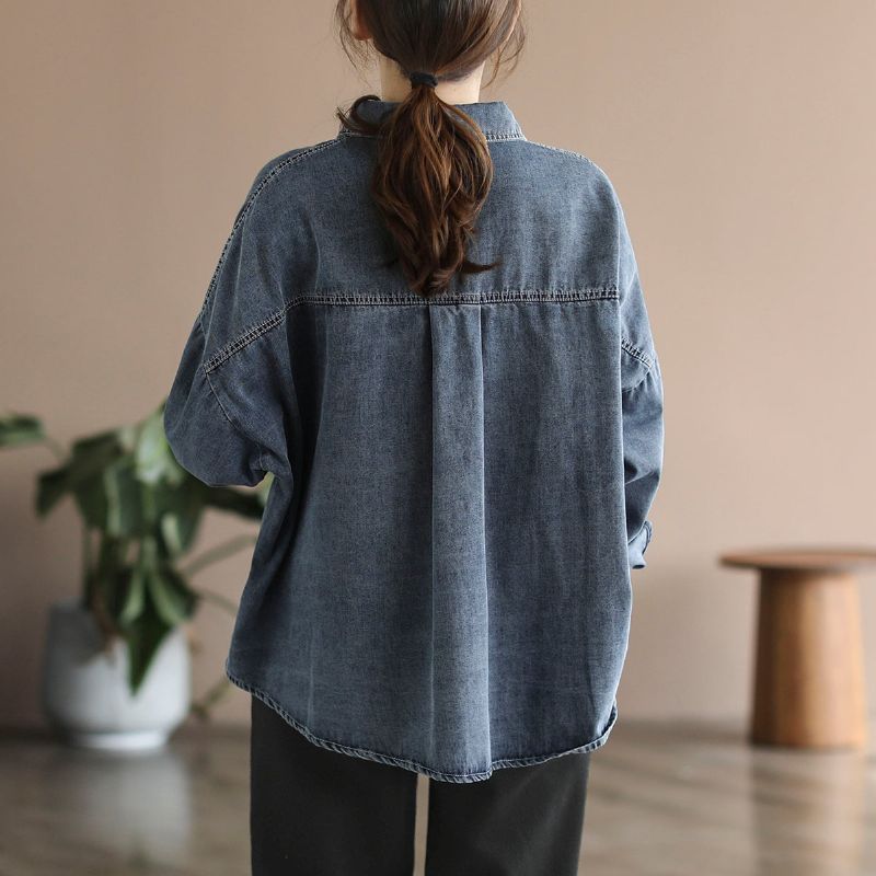 Dame Retro Plus Size Løs Denimjakke I Bomuld