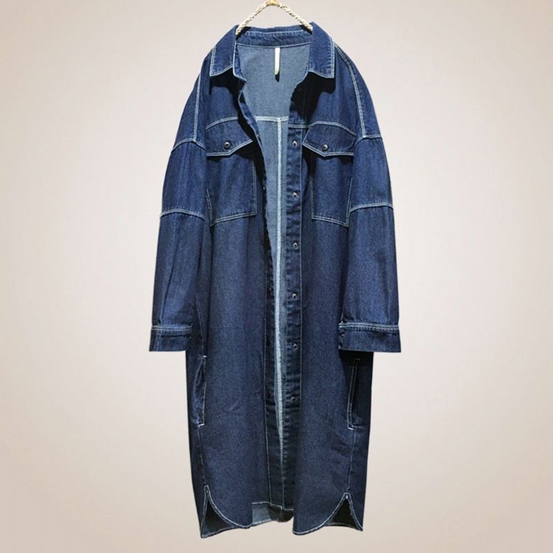 Denim Solid Singal Breated Løs Damefrakke