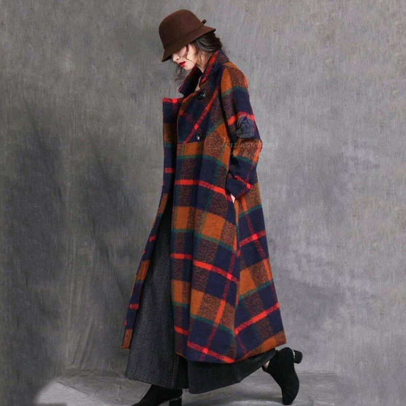 Efterår Vinter Vintage Plaid Dame Windbreaker Coat