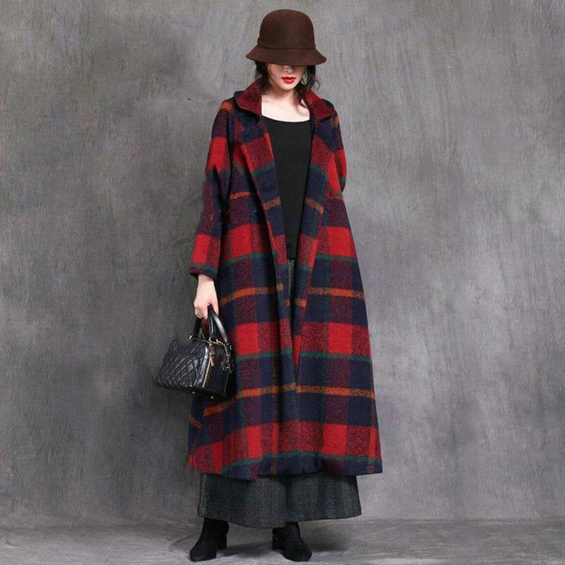 Efterår Vinter Vintage Plaid Dame Windbreaker Coat