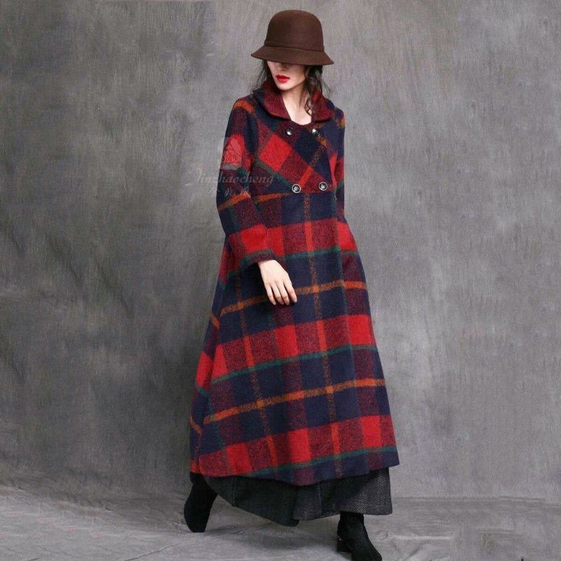 Efterår Vinter Vintage Plaid Dame Windbreaker Coat