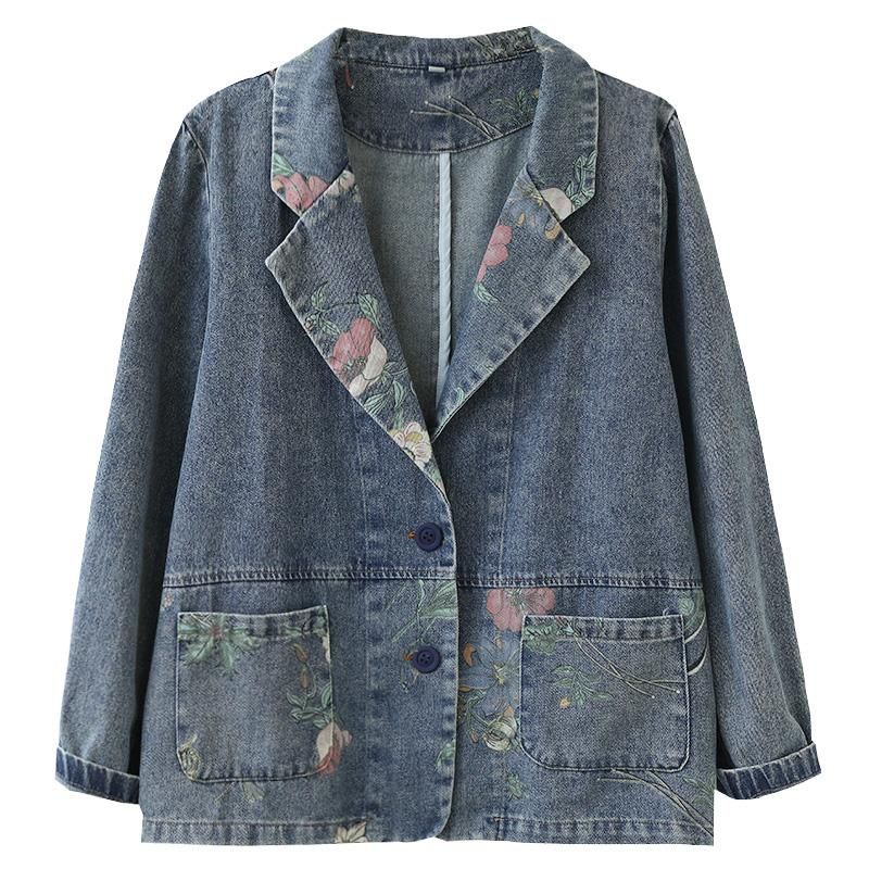 Forår Efterår Retro Patchwork Floral Bomuld Denim Jakke