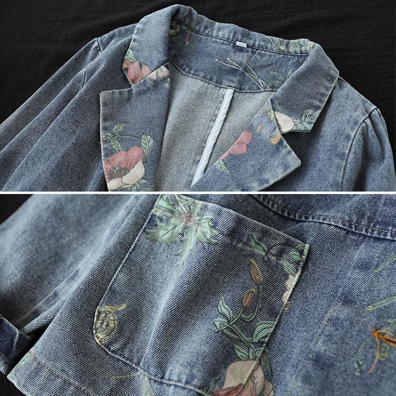 Forår Efterår Retro Patchwork Floral Bomuld Denim Jakke