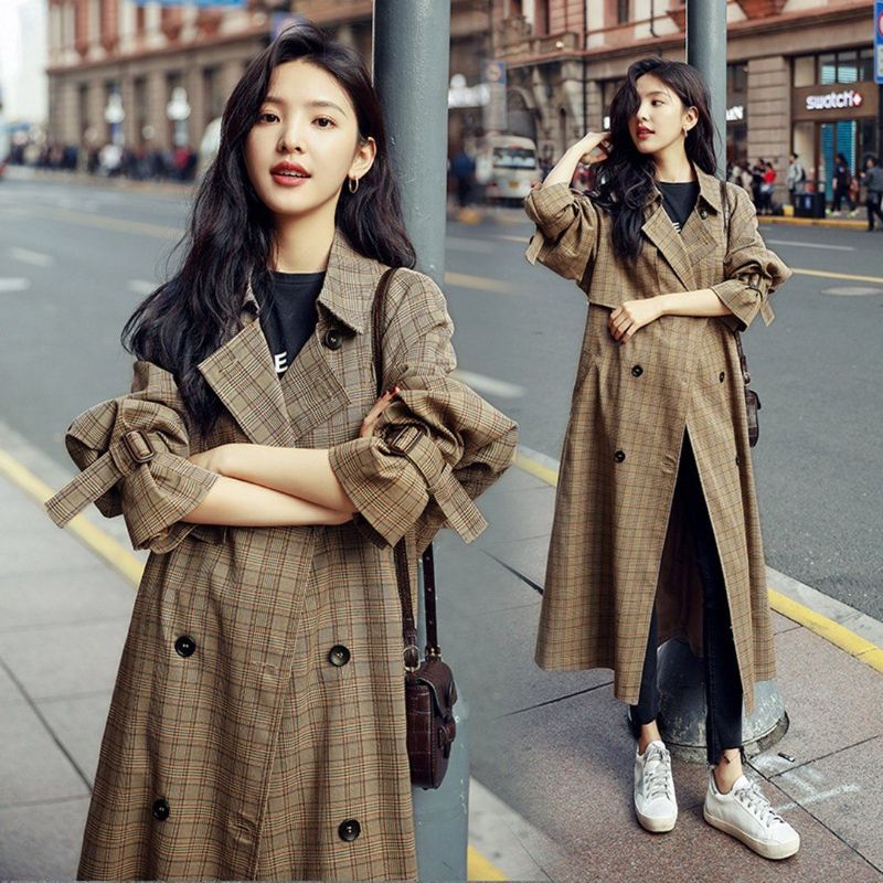 Gingham Casual Vintage Loose Windbreaker Coat