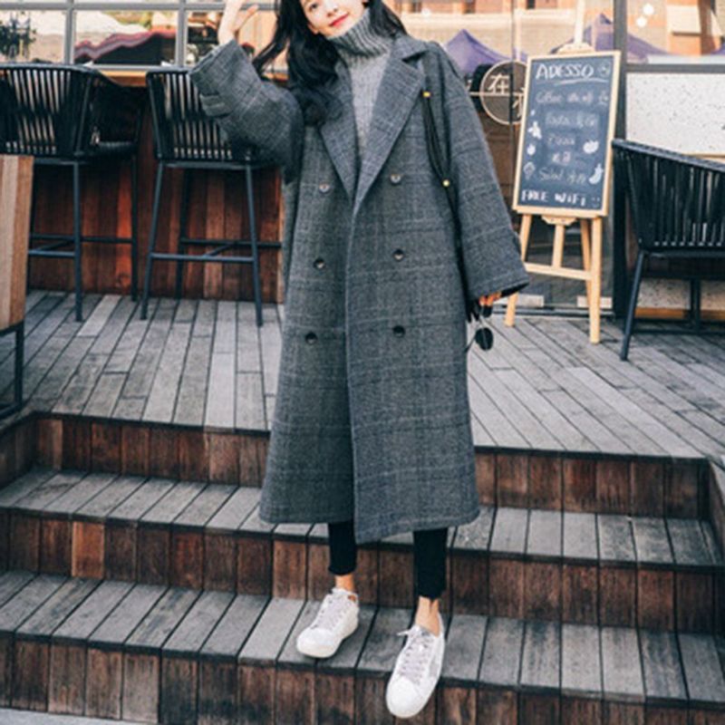 Gingham Fashion Double Breasted Wool Windbreaker Coat