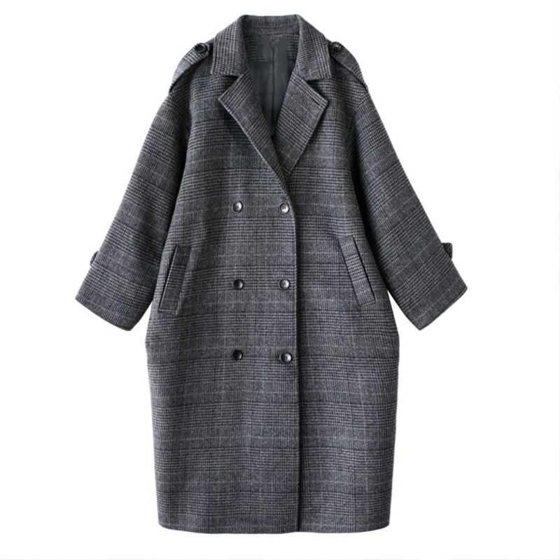 Gingham Fashion Double Breasted Wool Windbreaker Coat