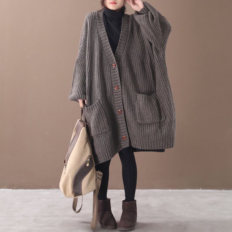 Oversize V-hals Lang Cardigan Strikket Frakke