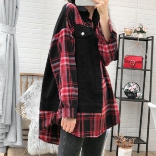 Plus Size Forår Efterår Plaid Løs Bomuld Denim Coat