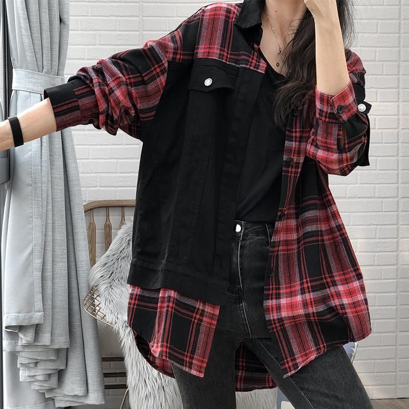 Plus Size Forår Efterår Plaid Løs Bomuld Denim Coat