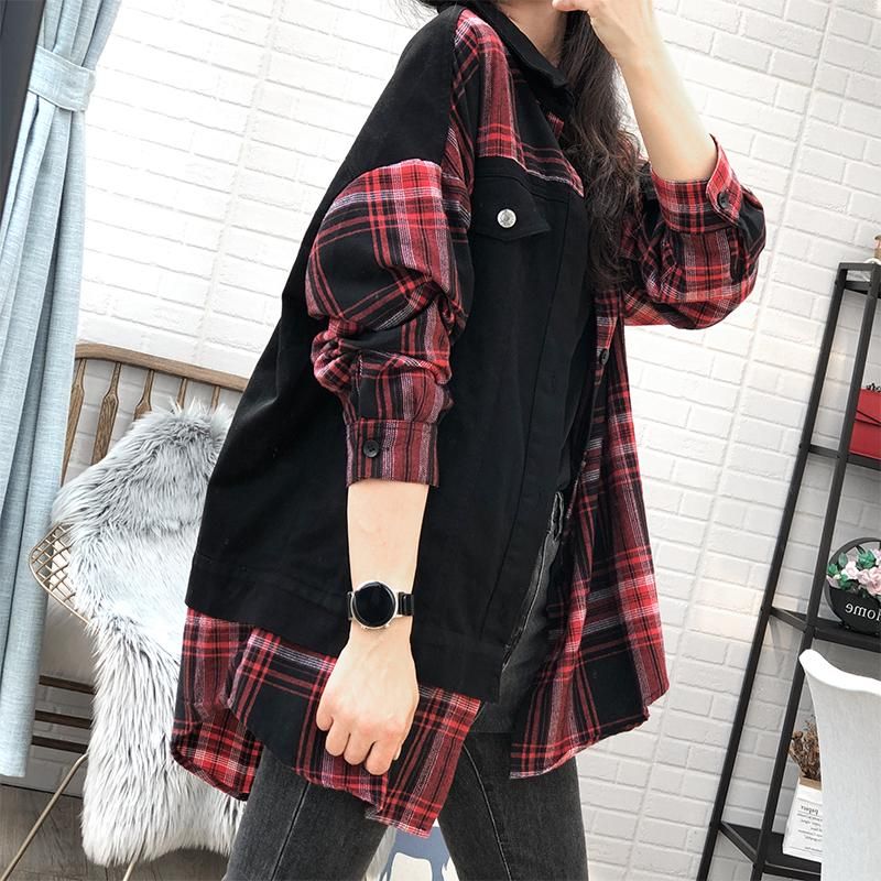 Plus Size Forår Efterår Plaid Løs Bomuld Denim Coat