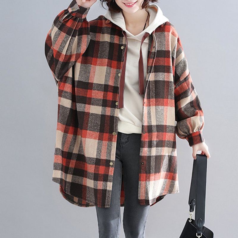 Plus Size Plaid Hætte Efterårsfrakke