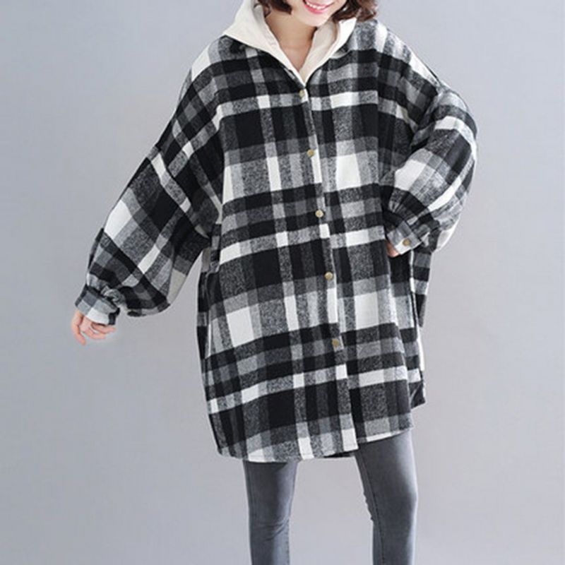 Plus Size Plaid Hætte Efterårsfrakke