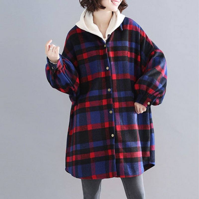 Plus Size Plaid Hætte Efterårsfrakke