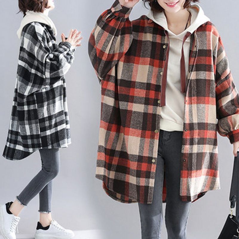 Plus Size Plaid Hætte Efterårsfrakke