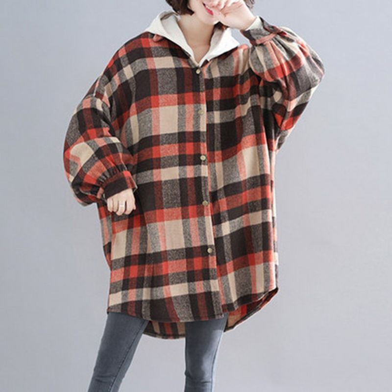 Plus Size Plaid Hætte Efterårsfrakke