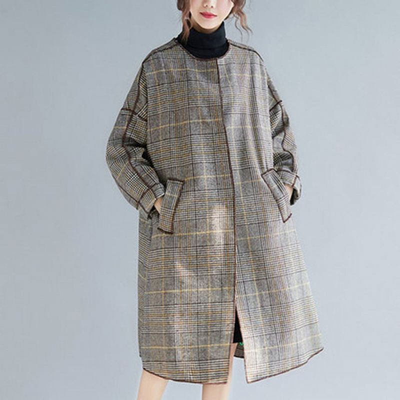 Plus Size Plaid Turn Down Collar Windbreaker Coat