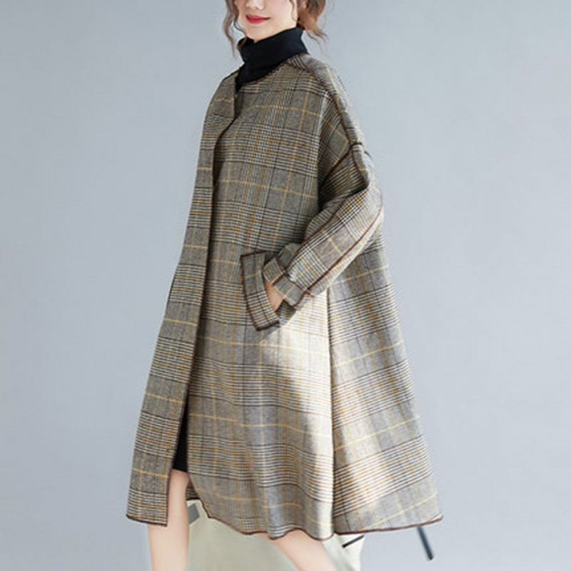 Plus Size Plaid Turn Down Collar Windbreaker Coat