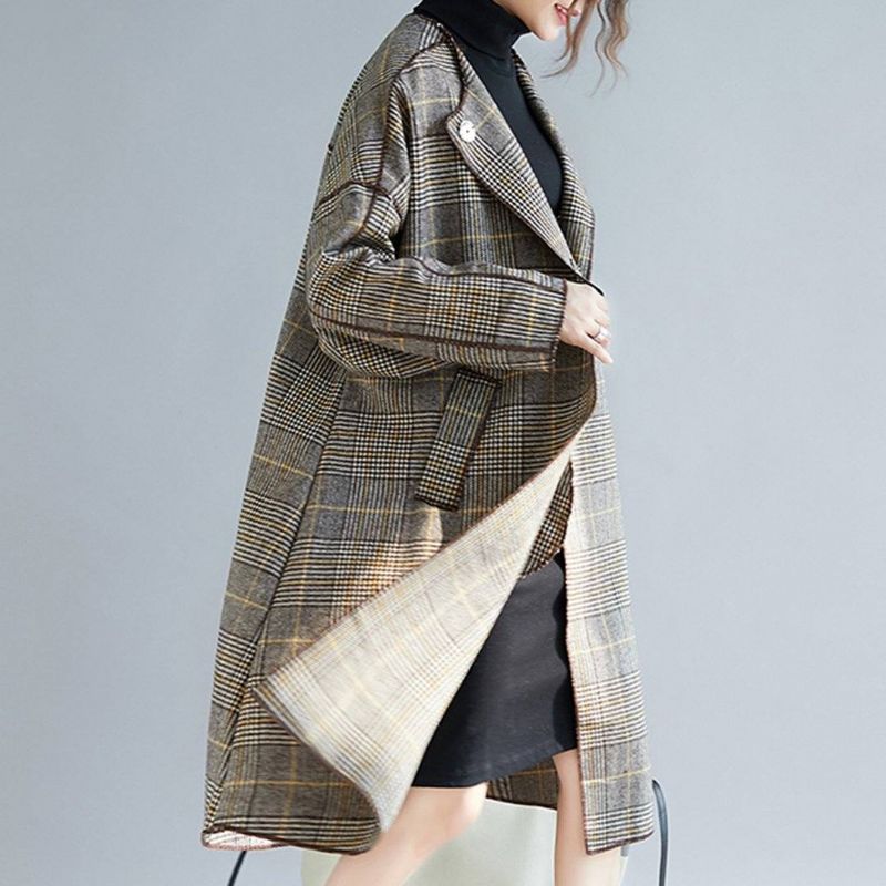 Plus Size Plaid Turn Down Collar Windbreaker Coat