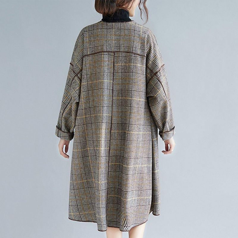 Plus Size Plaid Turn Down Collar Windbreaker Coat